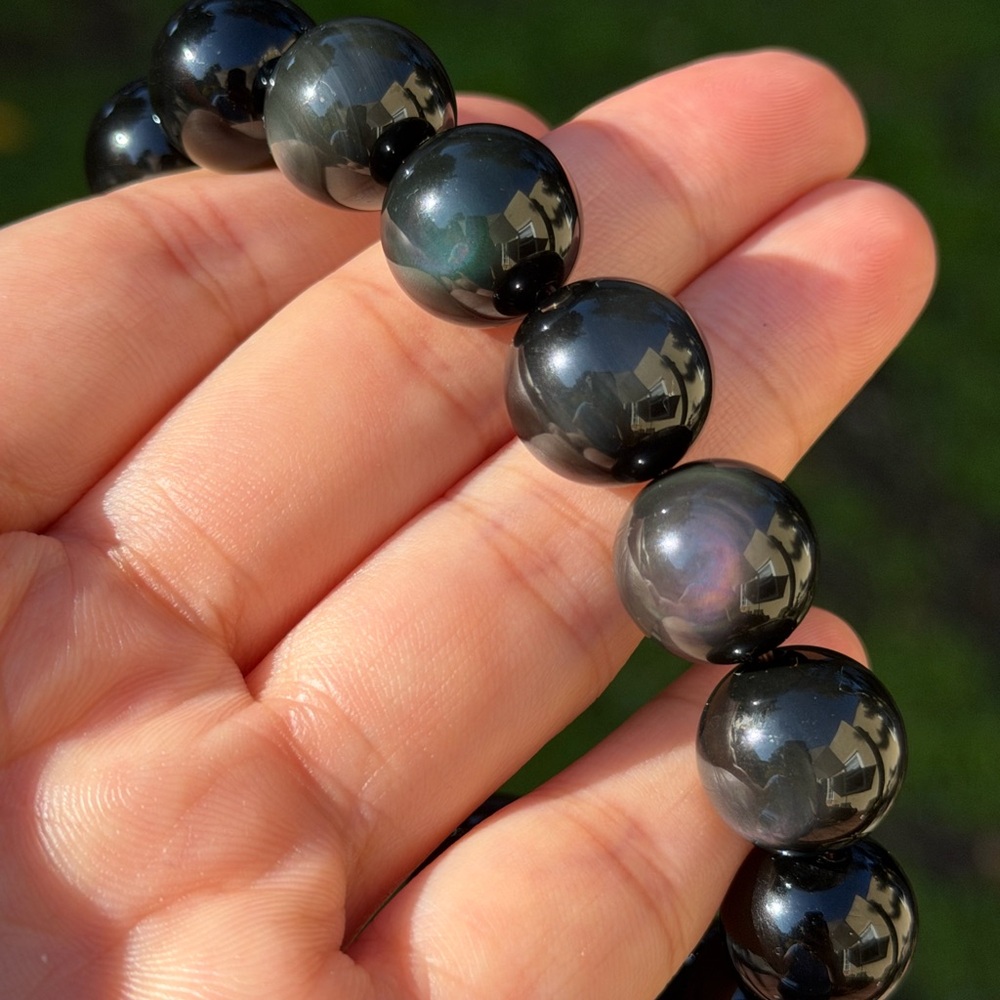 14mm stretchable green purple flash‎ rainbow obsidian bracelet 0752